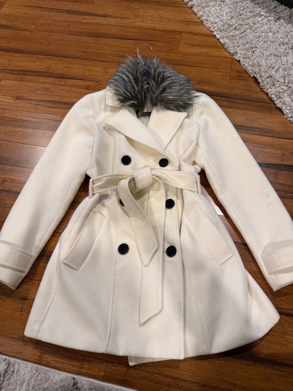 Women's Cream Double-Breasted Wool Blend Coat with Removable Faux Fur Collar